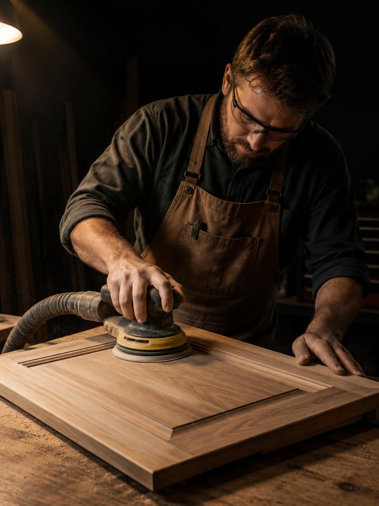 TrueCraft craftsman sanding a cabinet door